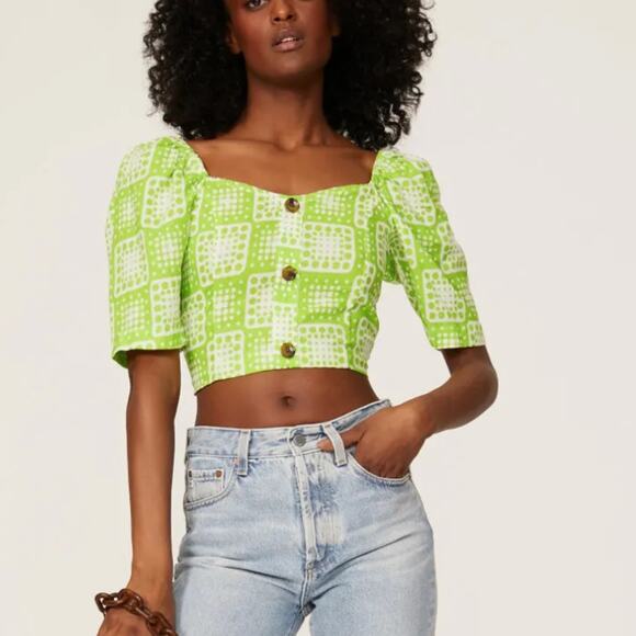 The Odells Patchwork Crop Top LARGE Bright Green Smocked Linen Designer $148 - Picture 1 of 10